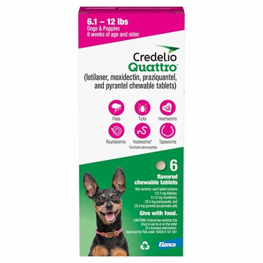 Rx Credelio Quattro Chewable Tablets for dogs, 6.1-12lbs 6 chewable tabs Size 6.1 to 12.0lbs