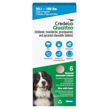 Rx Credelio Quattro Chewable Tablets for dogs, 50.1-100lbs 6 chewable tabs Size 50.1-100lbs