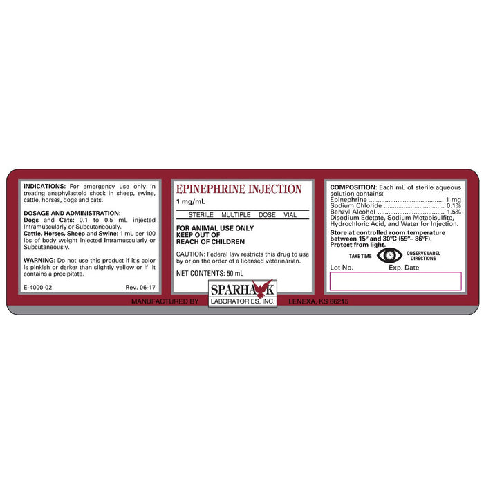 Rx Epinephrine Injection 1:1000, 50ml for Horses & Livestock