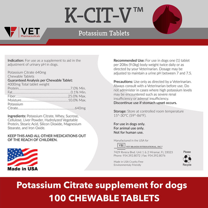 K-CIT-V Potassium Citrate for Dogs, 100 Chewable Tablets
