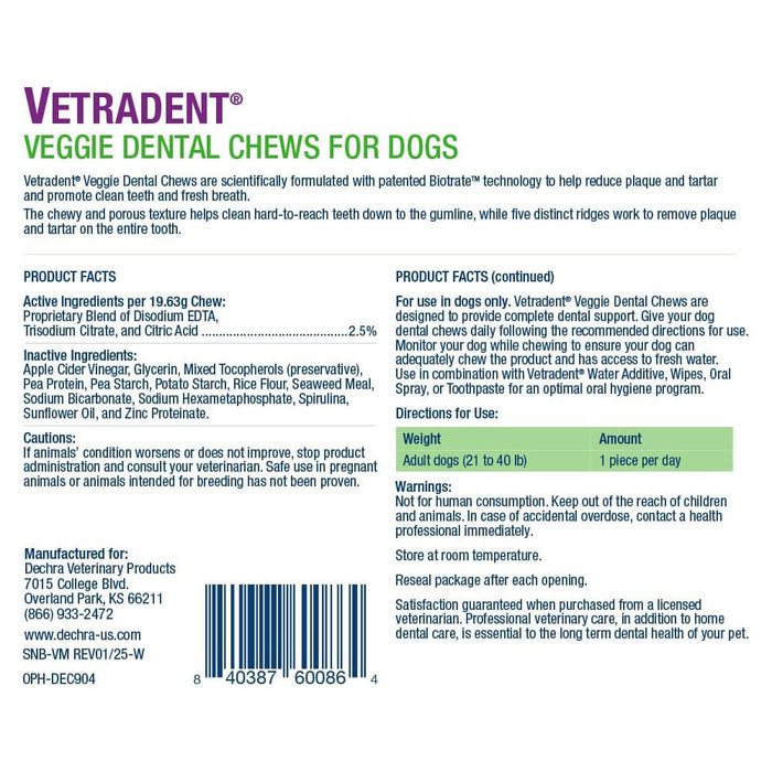 Vetradent Veggie Dental Chews for Dogs – Plaque & Tartar Control, Fresh Breath, Daily Oral Care Treats