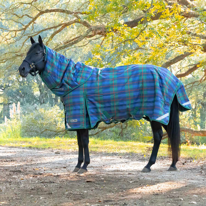 Jeffers Solaris Horse Turnout Blanket with Neck Rug, 1200D, Medium Weight 240g Fill - JEFCNV - PreSale Navy & Hunter Plaid - 66" - 1