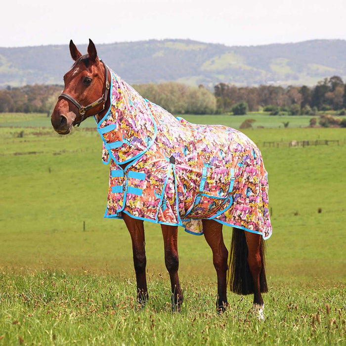 WeatherBeeta Saxon Combo Neck Mesh Fly Sheet with Belly Wrap, Technicolor Horses Color Multi