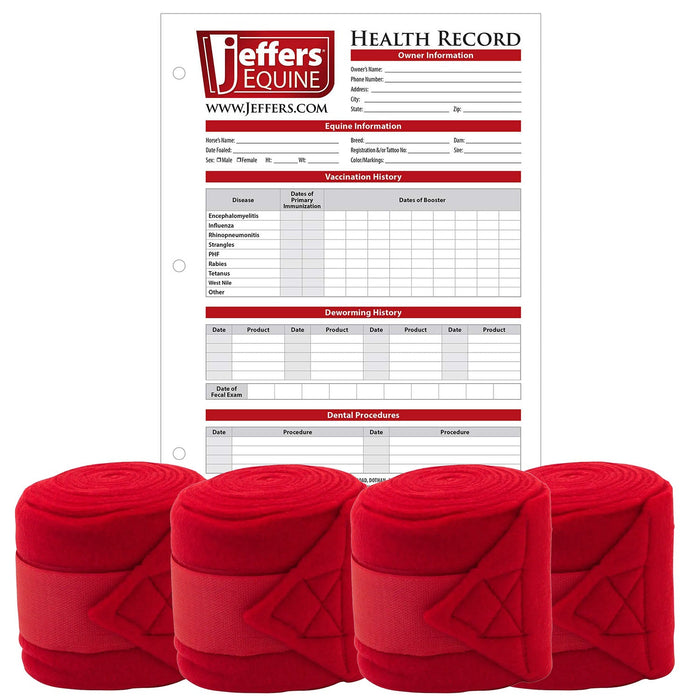 Jefers Horse Fleece Polo Wraps - Reusable Set of 4 and 1 Pack of Equine Health Record Color Red