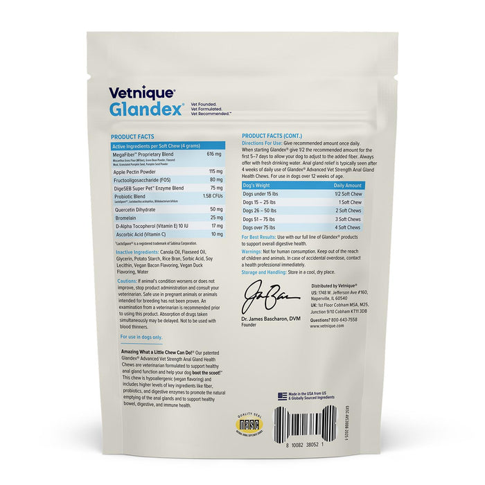 Glandex Advanced Vet Strength Anal Gland Health Soft Chews for Dogs, Duck & Bacon Flavor