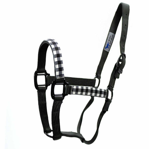 Adjustable 1" Nylon Plaid Horse Halter, Average Size, White/Black Plaid - MBTD - White / Black with Plaid - 1"W (Adjusts 8 - 11) - 1 - 1
