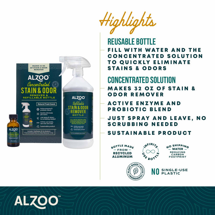 ALZOO Concentrated Enzyme - Based Pet Stain & Odor Remover Kit & Refill - 7VWW - Kit - (1) 32oz Bottle with (1) 1.1 oz Concentrate Stain & Oder Remover - 5