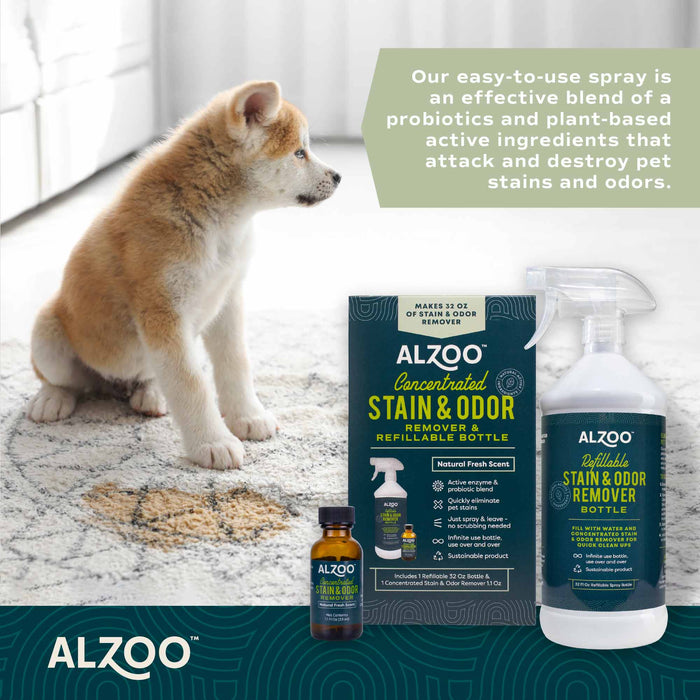 ALZOO Concentrated Enzyme - Based Pet Stain & Odor Remover Kit & Refill - 7VWW - Kit - (1) 32oz Bottle with (1) 1.1 oz Concentrate Stain & Oder Remover - 4