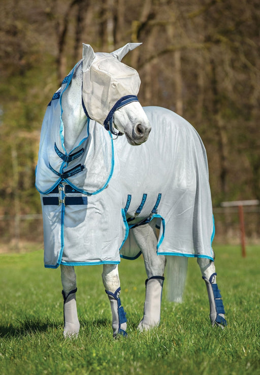 Amigo Bug Buster Vamoose Fly Sheet with No Fly Zone – UV Protection & Removable Neck Cover - FO2AH - 75 in - Silver/Electric Blue - 1