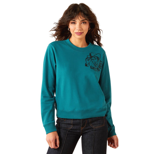 Ariat Womens Essential Sendero "West is Best" Graphic Sweatshirt – Cozy Western Fleece Crewneck - AIBC2 - Teal - Small - Each - 1