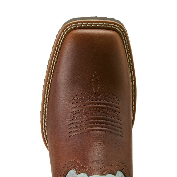 Ariat Womens Hybrid Ranchwork Wide Square Toe Leather Western Work Boot - AIBJV - Peanut/Worn Denim with Brown - 6 - 6
