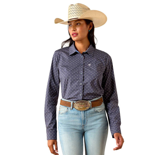 Ariat Women's Kirby Long Sleeve Collared Button - Down Shirt – Rider - Tested Stretch Poplin Equestrian Top - AIBNS - Blue Horseshoe - XSmall - 1