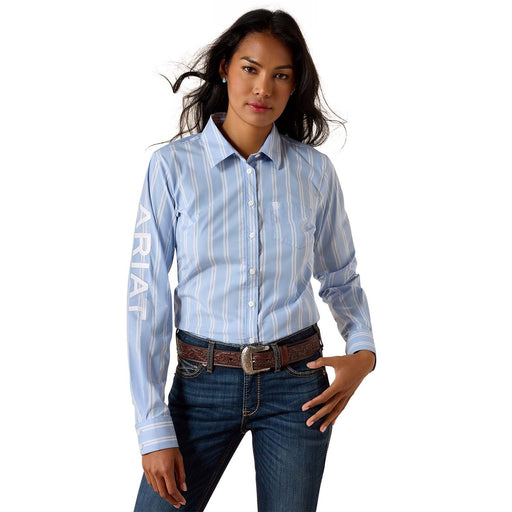 Ariat Women’s Team Kirby Performance Shirt – Stretch Poplin, Athletic Fit - AIBNK - Blue Stripe - XSmall - 1