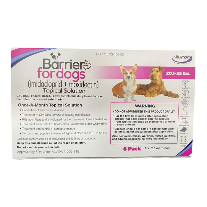 Barrier (imidacloprid + moxidectin) Once - a - month Topical Solution for Dogs - 012AUR-739638 - 20.1 - 55 lbs - 6 ct (6 Month Supply) - 4