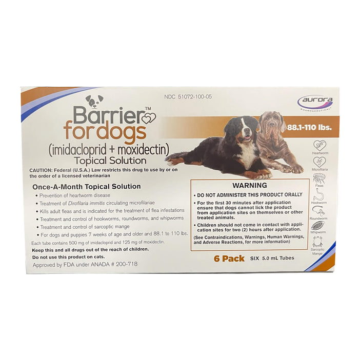 Barrier (imidacloprid + moxidectin) Once - a - month Topical Solution for Dogs - 012AUR-739670 - 88.1 - 110 lbs - 6 ct (6 Month Supply) - 5