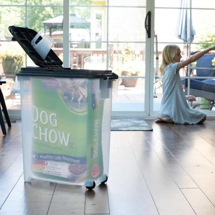 50-QT Rolling Pet Food Dispenser Color White Lid / Clear Base