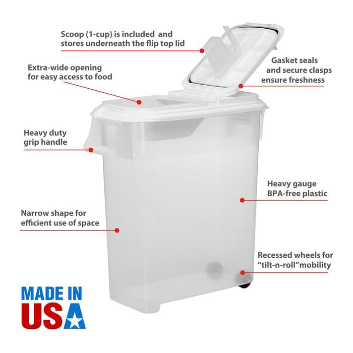 50-QT Rolling Pet Food Dispenser Color White Lid / Clear Base