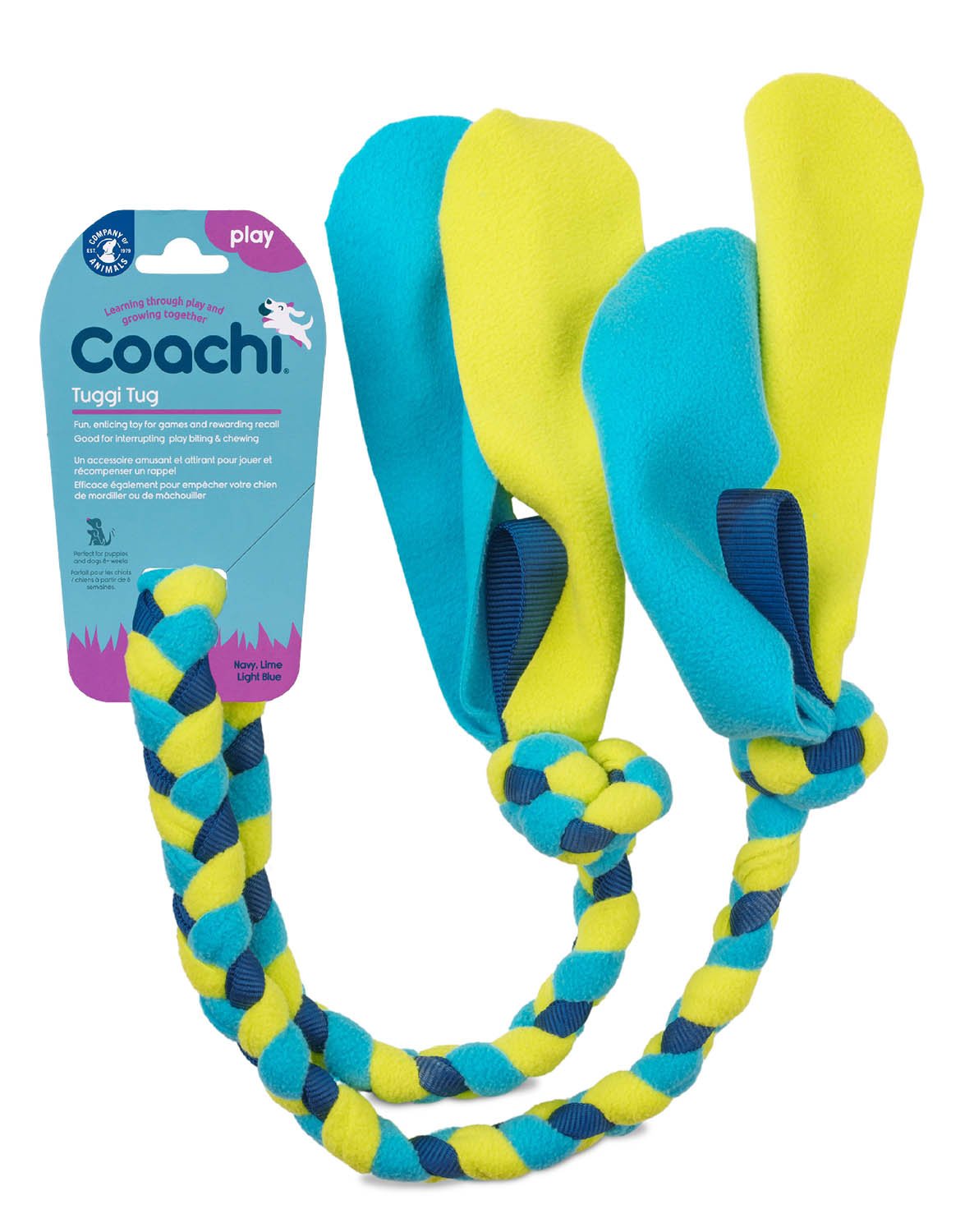 Coachi Tuggi Tug Dog Toy, Navy, Lime & Light Blue — Pet Supplies 4 Less