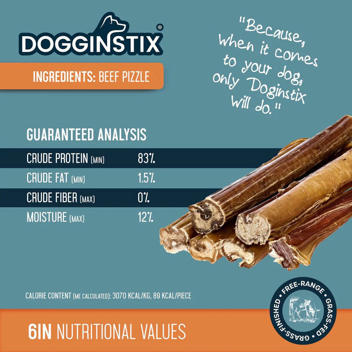 Dogginstix Bully Stick Dog Chew, All - Natural, Grass - Fed Beef, Odor - Free - DG2C - 6"L - Jumbo - 7