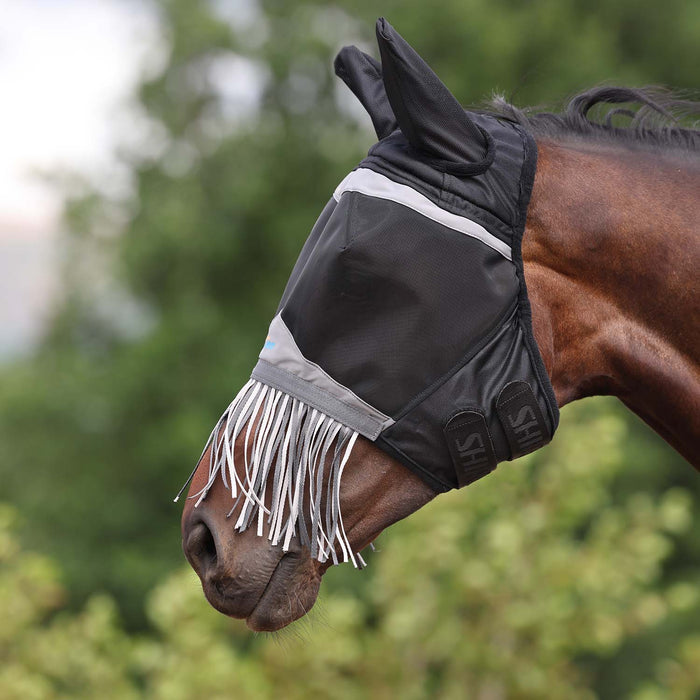 Flyguard Pro Fine Mesh Horse Fly Mask with Ears & Nose Fringe, Black - SEP2DE - Black - Cob - 1