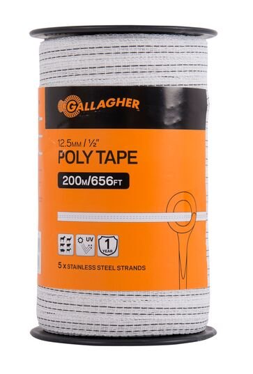 Gallagher 1/2" Poly Tape, 656 ft – Lightweight Electric Fence Tape, Five Conductive Strands, Lightweight and UV - Resistant, Ideal for Horses and Livestock on Short Fence Lines - XI3Q - 1/2" (12.5mm) - 656 ft - 1