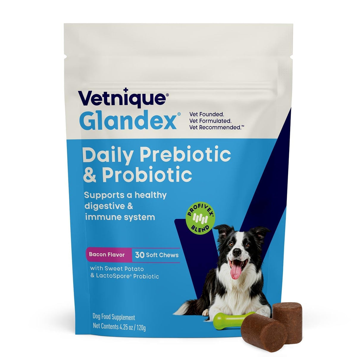Glandex Daily Prebiotic & Probiotic Soft Chews for Dogs, Bacon