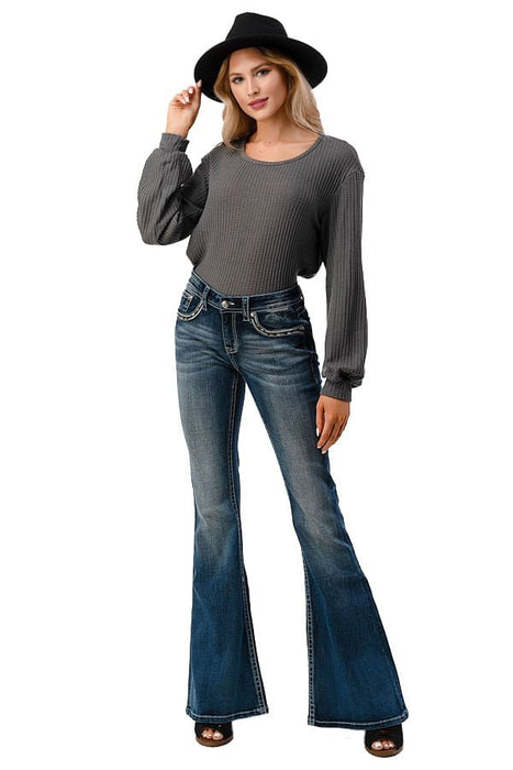 Grace in LA Women's Western Aztec Embellished Mid Rise Flare Jeans - GLA2X - 33 - 1