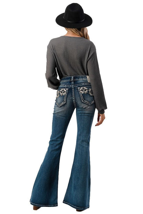 Grace in LA Women's Western Aztec Embellished Mid Rise Flare Jeans - GLA2X - 33 - 2