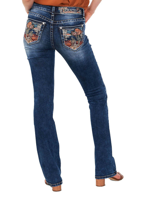 Grace in LA Women's Western Cactus Scene Embroidered Mid Rise Bootcut Jeans - GLA6A - 34 - 2