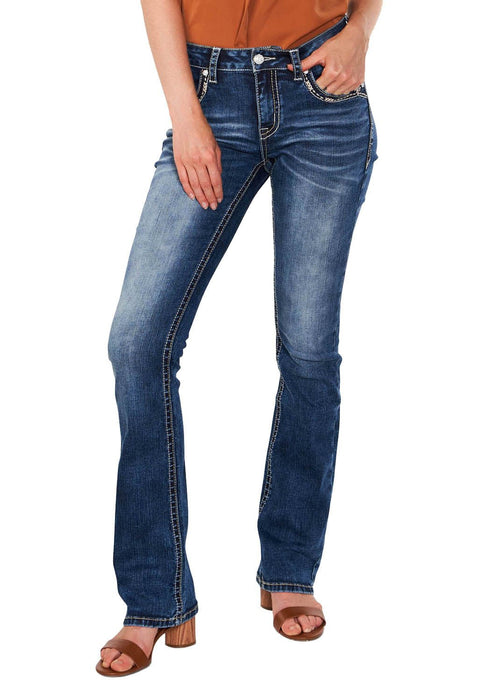 Grace in LA Women's Western Cactus Scene Embroidered Mid Rise Bootcut Jeans - GLA6A - 34 - 1