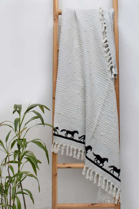 Horses Cotton Throw Blanket - AWIR6 - Grey - 3