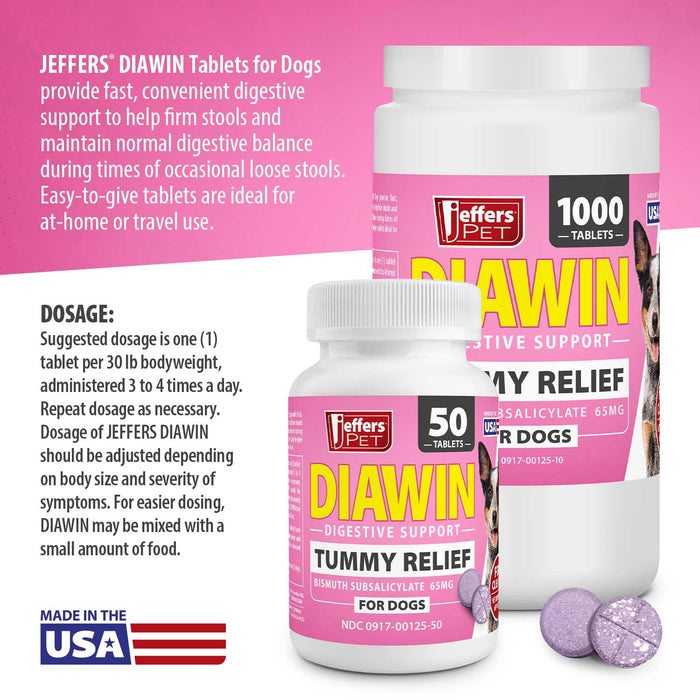 Jeffers Diawin Digestive Support for Dogs – Bismuth Tummy Relief for Diarrhea - JEFBB4 - 1000 Tablets - 5