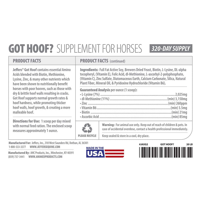 Jeffers Got Hoof? Concentrated Horse Hoof Supplement - JAXG2 - 20 lbs - 320 Day Supply - 6