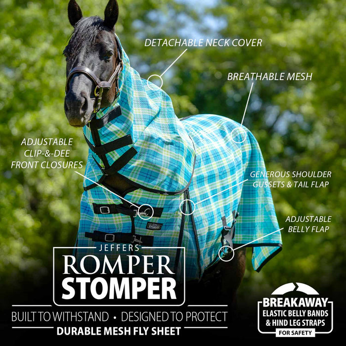 Jeffers Romper Stomper Durable Mesh Fly Sheet with Detachable Neck - JEFZX2 - Turquoise/Lime Plaid - 66" - 1 - 3