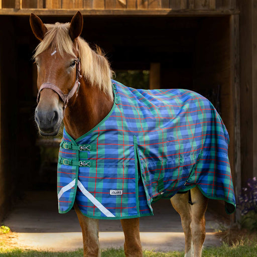 Jeffers Solaris 1200 Denier Draft Horse Turnout Sheet, 0g Fill - JEFCPZ - PreSale Navy & Hunter Plaid - 87" - 7