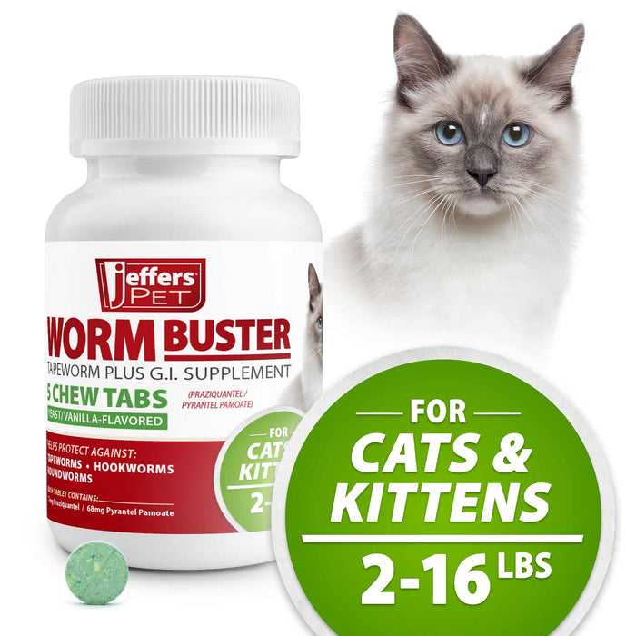 Jeffers WORM BUSTER Cat Dewormer Flavored Tablets with Praziquantel & Pyrantel - JEFZVC - 2 - 16 lbs - Yeast/Vanilla - 5 tabs - 2