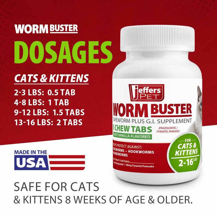 Jeffers WORM BUSTER Cat Dewormer Flavored Tablets with Praziquantel & Pyrantel - JEFZVC - 2 - 16 lbs - Yeast/Vanilla - 5 tabs - 5