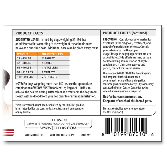 Jeffers Worm Buster Dog Dewormer Flavored Tablets - JEFZVB - For Medium - Large Dogs (21–150 lbs) - Beef - 12 tabs - 18