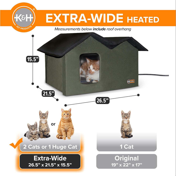 K&H Extra Wide Heated Outdoor Cat House – Insulated Kitty Shelter with Removable Heated Pad for Multiple Cats - PCUZ - Green - 26.5" x 21.5" x 15.5" - 3