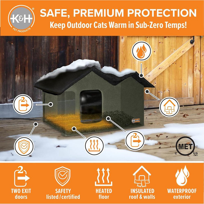 K&H Extra Wide Heated Outdoor Cat House – Insulated Kitty Shelter with Removable Heated Pad for Multiple Cats - PCUZ - Green - 26.5" x 21.5" x 15.5" - 2
