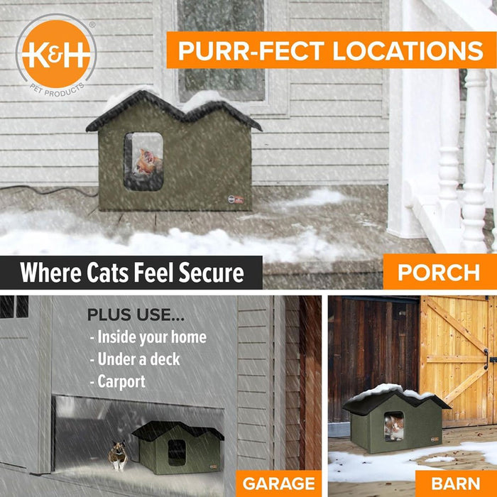 K&H Extra Wide Heated Outdoor Cat House – Insulated Kitty Shelter with Removable Heated Pad for Multiple Cats - PCUZ - Green - 26.5" x 21.5" x 15.5" - 4
