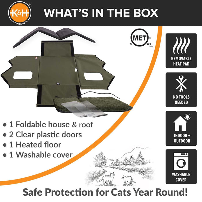 K&H Extra Wide Heated Outdoor Cat House – Insulated Kitty Shelter with Removable Heated Pad for Multiple Cats - PCUZ - Green - 26.5" x 21.5" x 15.5" - 6