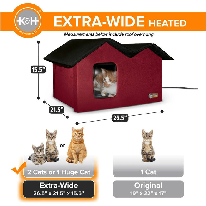 K&H Extra Wide Heated Outdoor Cat House – Insulated Kitty Shelter with Removable Heated Pad for Multiple Cats - PCV1 - Red - 26.5" x 21.5" x 15.5" - 9