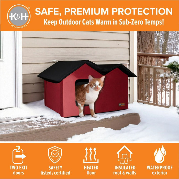 K&H Extra Wide Heated Outdoor Cat House – Insulated Kitty Shelter with Removable Heated Pad for Multiple Cats - PCV1 - Red - 26.5" x 21.5" x 15.5" - 8