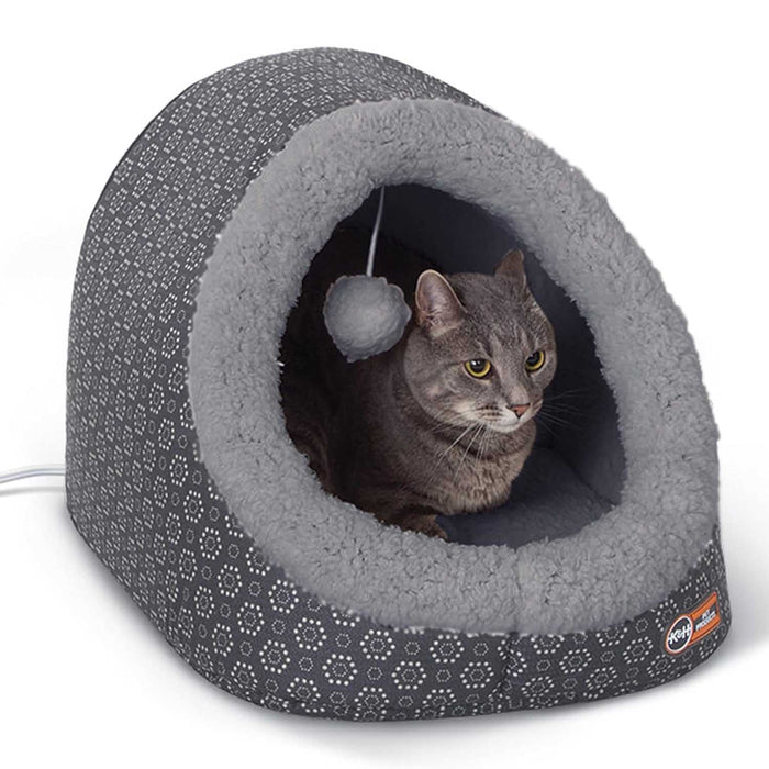 K&H Pet Products Thermo - Pet Cave Heated Cat Bed – Plush Cat Cave & Tunnel for Cats and Small Dogs - PCVG - Grey - 17" x 15" x 13" - 1