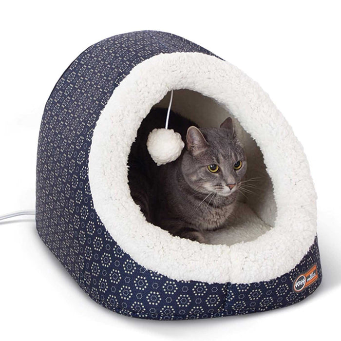 K&H Pet Products Thermo - Pet Cave Heated Cat Bed – Plush Cat Cave & Tunnel for Cats and Small Dogs - PCVH - Blue - 17" x 15" x 13" - 9