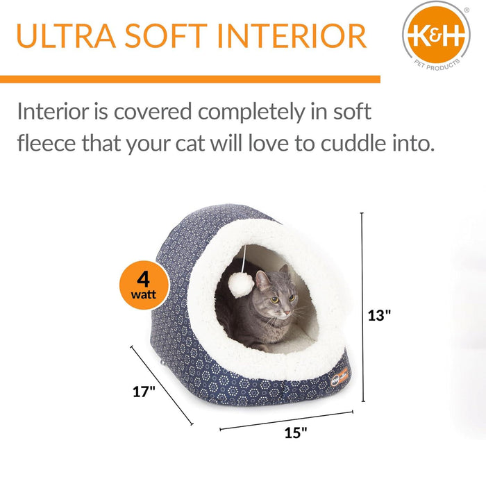 K&H Pet Products Thermo - Pet Cave Heated Cat Bed – Plush Cat Cave & Tunnel for Cats and Small Dogs - PCVH - Blue - 17" x 15" x 13" - 11