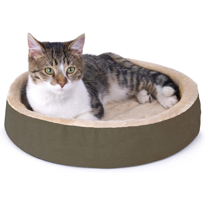 K&H Thermo - Kitty Cuddle Up Cat Bed – Indoor Heated Cat Bed with Low - Wall Design, Soft Foam Base & Removable Washable Cover - PCUQ - Brown - 16"D - 1