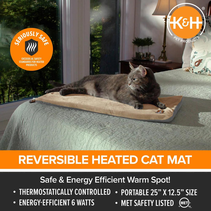 K&H Thermo - Kitty Heated Cat Bed – Energy - Efficient, MET Certified Indoor Cat Warming Mat - PCUJ - Assorted - 12.5" x 25" - 2