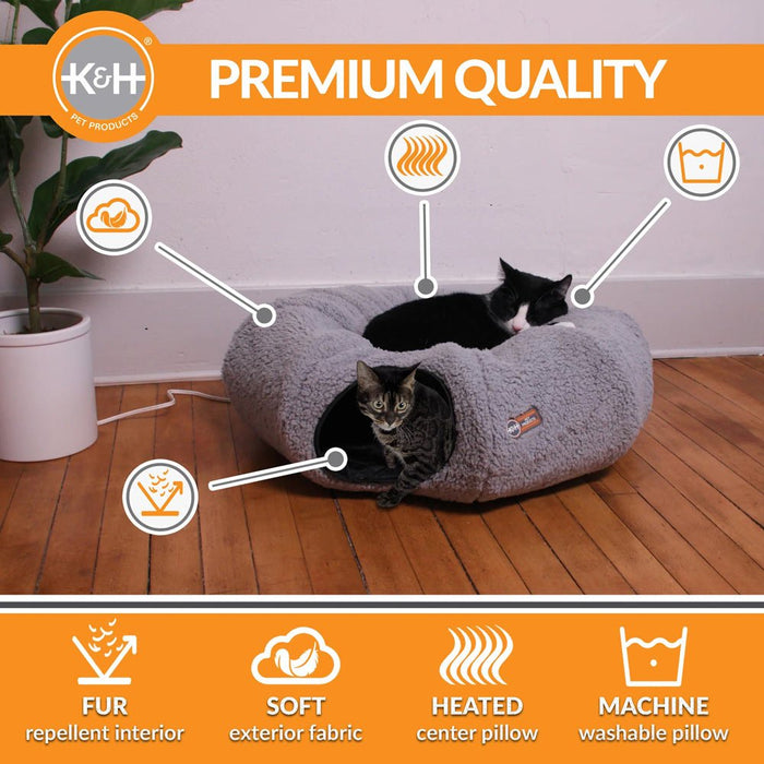 K&H Thermo - Kitty Heated Cat Tunnel – Indoor Heated Cat Bed and Play Tunnel with Machine Washable Pillow - PCVK - Grey - 28" x 28" x 9" - 4